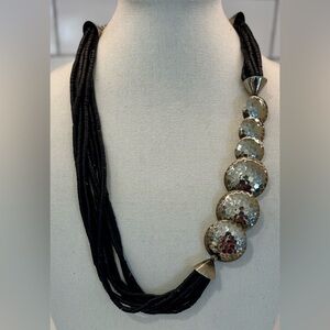🖤🩶 Black, Wooden-Beaded Multi-Strand Necklace w/ Hammered Silver Discs 30”